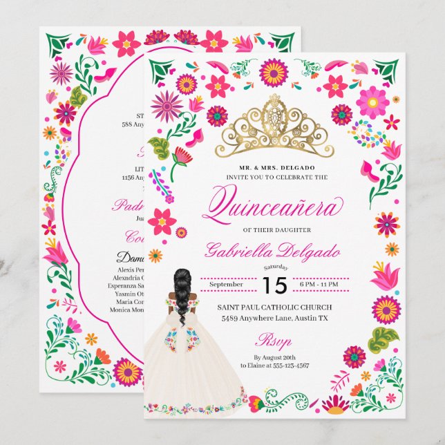 Elegant Otomi Embroidery Quinceañera Invitation (Front/Back)