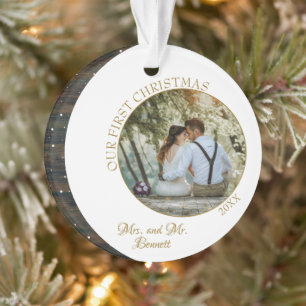 Elegant Our First Christmas as Mrs. & Mr. Photo Ornament