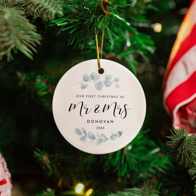 Elegant Our First Christmas greenery wedding photo Ceramic Ornament (Creator Uploaded)