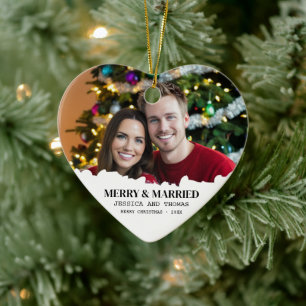 Elegant Our First Christmas Merry & Married Photo Ceramic Ornament