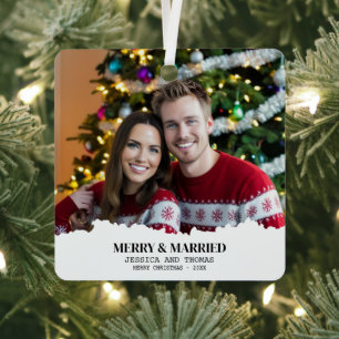 Elegant Our First Christmas Merry & Married Photo Metal Ornament