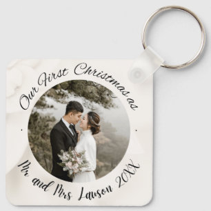 Elegant Our First Christmas wedding photo Keychain