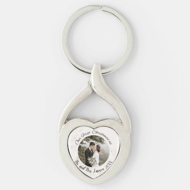 Elegant Our First Christmas wedding photo Keychain (Front)