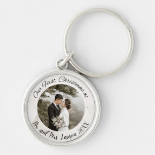 Elegant Our First Christmas wedding photo Keychain