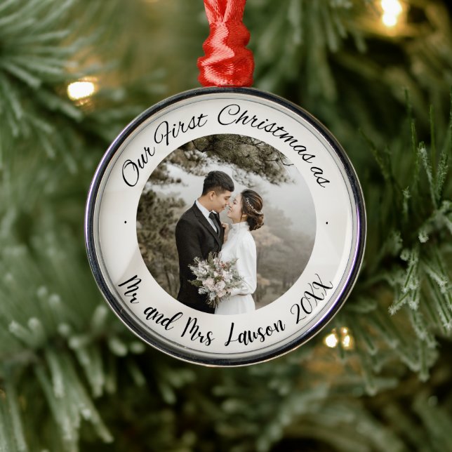 Elegant Our First Christmas wedding photo  Metal Ornament (Tree)