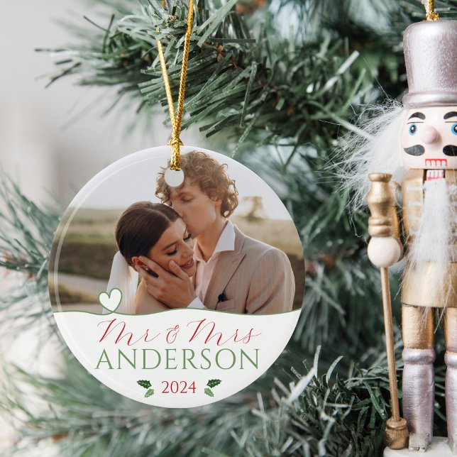 Elegant Our First Christmas Weddings Married Photo Ceramic Ornament (Elegant Our First Christmas as Mr & Mrs personalized name wedding photo round ornament 2024 gift)