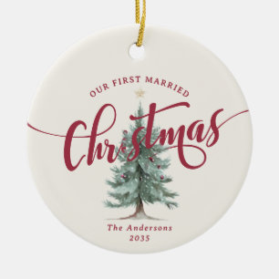 Elegant Our First Married Christmas Tree Photo Ceramic Ornament