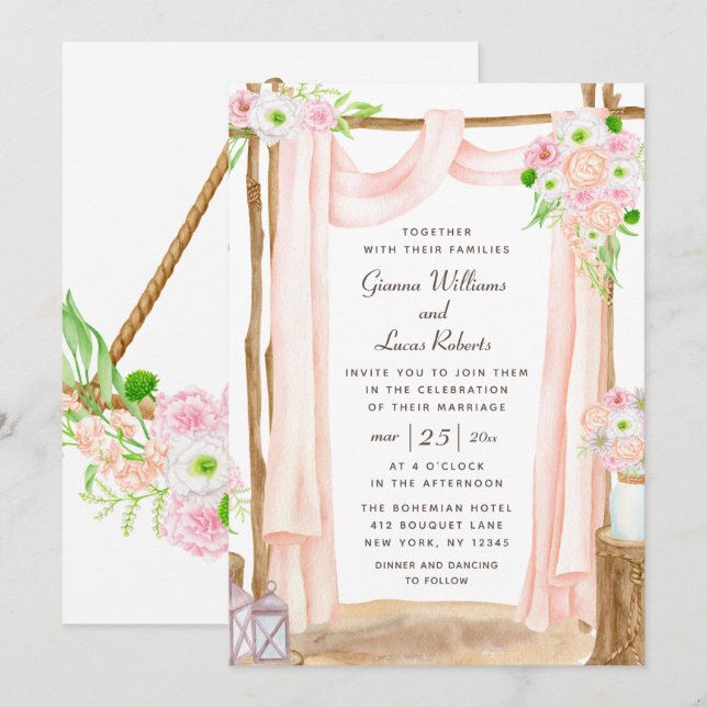 Elegant Outdoor Watercolor Pink Floral Wedding Invitation (Front/Back)