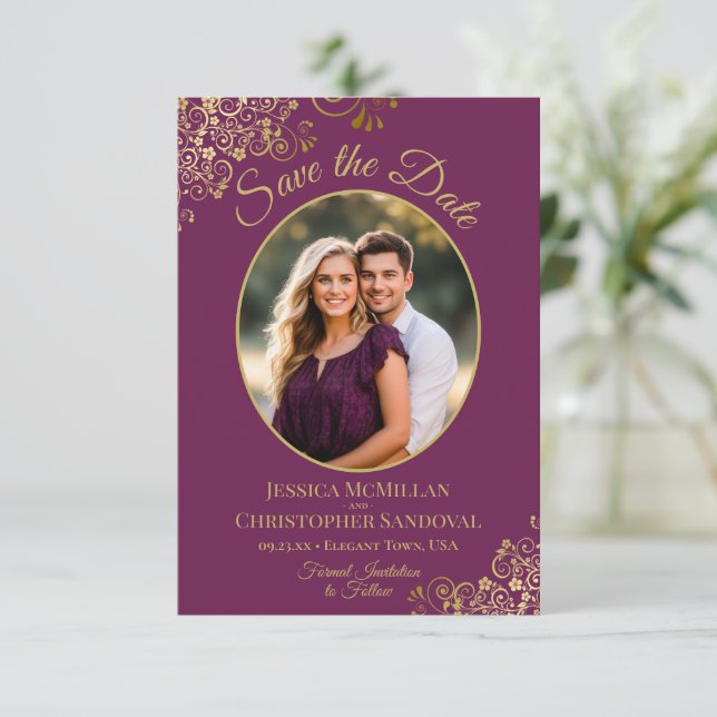 Elegant Oval Photo Gold & Magenta Purple Wedding Save The Date (Standing Front)
