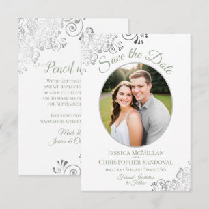 Elegant Oval Photo Sage Green Silver Curls Wedding Save The Date