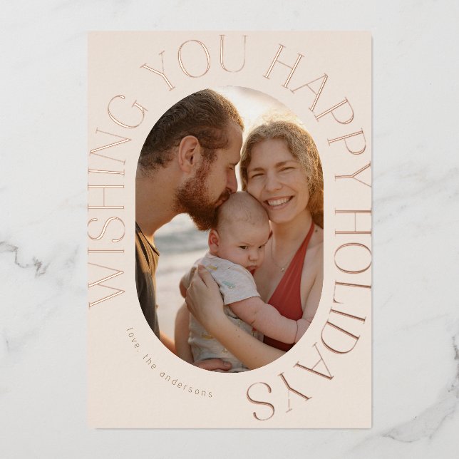 Elegant Oval Shaped Photo Enclosed Foiled Greeting Foil Holiday Card (Front)