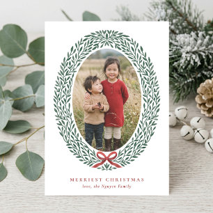 Elegant Oval Wreath Christmas Photo Greeting Holiday Card