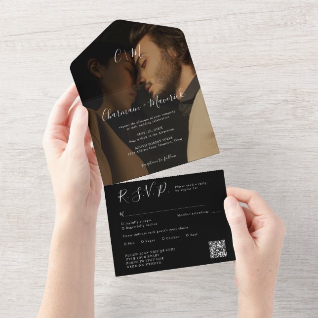 Elegant Overlay Monogram Black Wedding All In One Invitation (Tearaway)