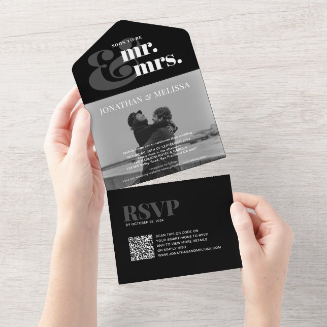 Elegant Overlay Photo Script QR code Black Wedding All In One Invitation (Tearaway)