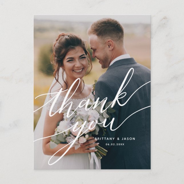 Elegant Overlay Script Wedding Thank You Photo Postcard (Front)