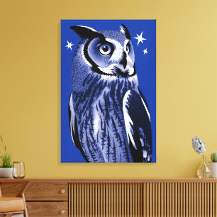 Elegant Owl Blue Monochrome Editorial Art Canvas Print