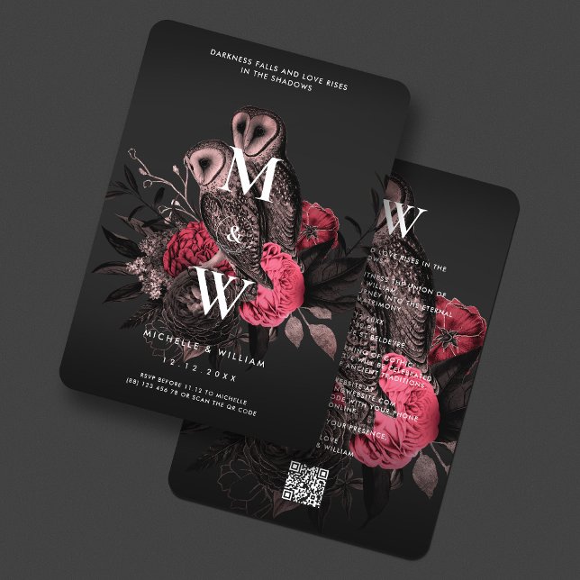 Elegant Owl Couple Gothic Wedding Dark Pink Rose  Invitation (Elegant Owl Couple Gothic Wedding Dark Pink Rose Invitation
)