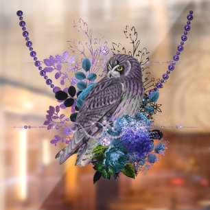Elegant owl floral vintage diamond jewel purple  window cling