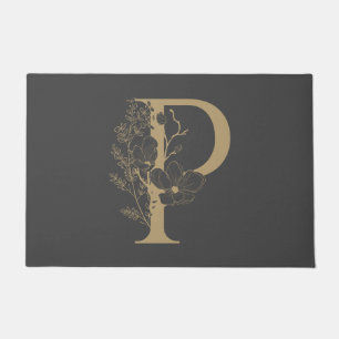 Elegant P Boho Floral Monogram Initial Grey Gold Doormat