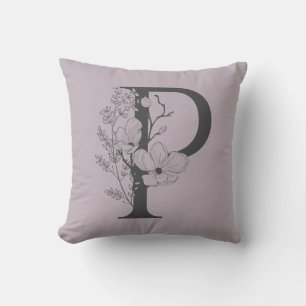 Elegant P Boho Floral Monogram Initial Lilac Grey Throw Pillow