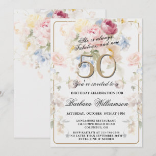 Elegant Painted Blush Rose Floral 50th Birthday Invitation