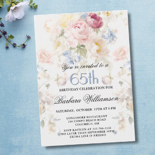 Elegant Painted Blush Rose Floral 65th Birthday  Invitation