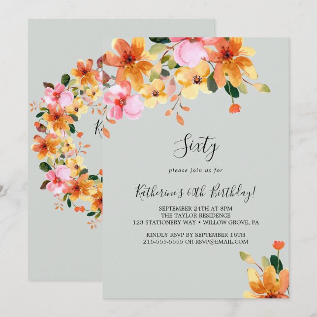 Elegant Painted Floral 60th Birthday Invitation (Front/Back)