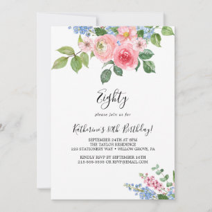 Elegant Painted Floral 80th Birthday Invitation