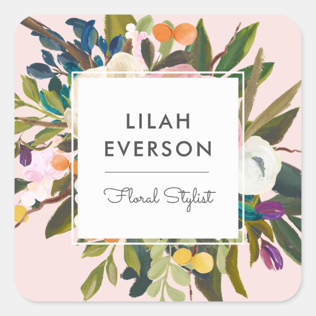 Elegant Painted Floral Business Product | Blush Square Sticker (Front)