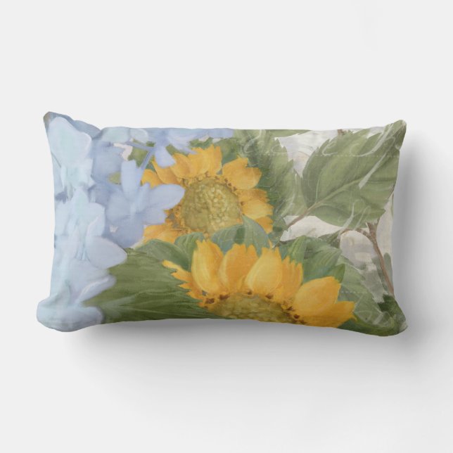 Elegant Painted Floral Sunflowers Blue Hydrangea Lumbar Pillow (Front)