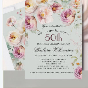 Elegant Painted Floral Surprise 50th Birthday  Invitation