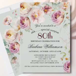 Elegant Painted Floral Surprise 80th Birthday Invitation