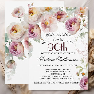 Elegant Painted Floral Surprise 90th Birthday Invitation