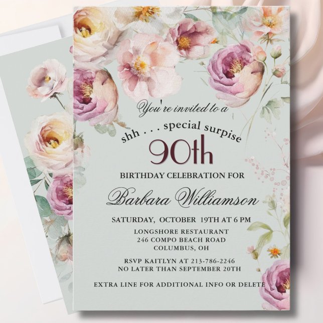 Elegant Painted Floral Surprise 90th Birthday  Invitation (Creator Uploaded)
