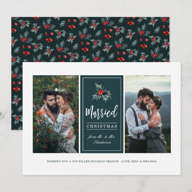 Elegant Painted Holly | Married Christmas Photo Holiday Card (Front/Back)
