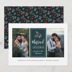 Elegant Painted Holly Married Christmas Photo Holiday Card