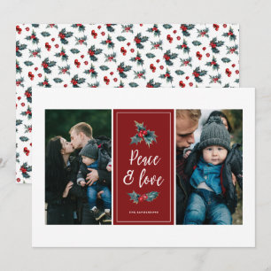 Elegant Painted Holly Peace Love Red Two Photo Holiday Card