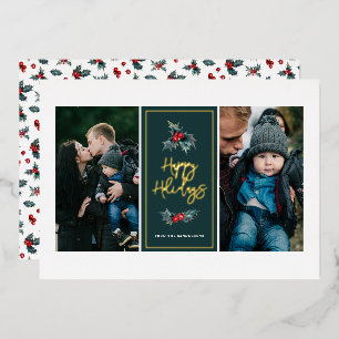 Elegant Painted Holly Two Photo Happy Holidays  Foil Holiday Card