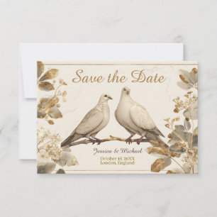 Elegant Pair of Doves on a Branch with Gold Leaf Save The Date