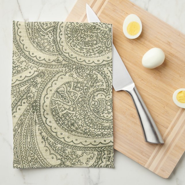 Elegant Paisley Ornate intricate black and white Kitchen Towel (Quarter Fold)