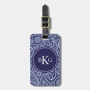 Elegant Paisley Pattern Custom Monogram Navy Blue Luggage Tag