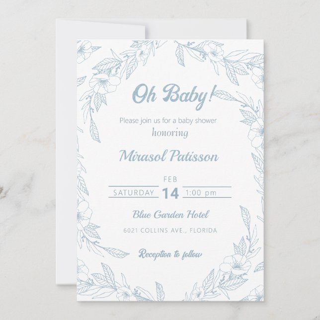 Elegant pale blue floral Baby Shower Invitation (Front)