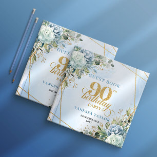 Elegant Pale Blue Gold Frame 90th Birthday Sign In Guest Book