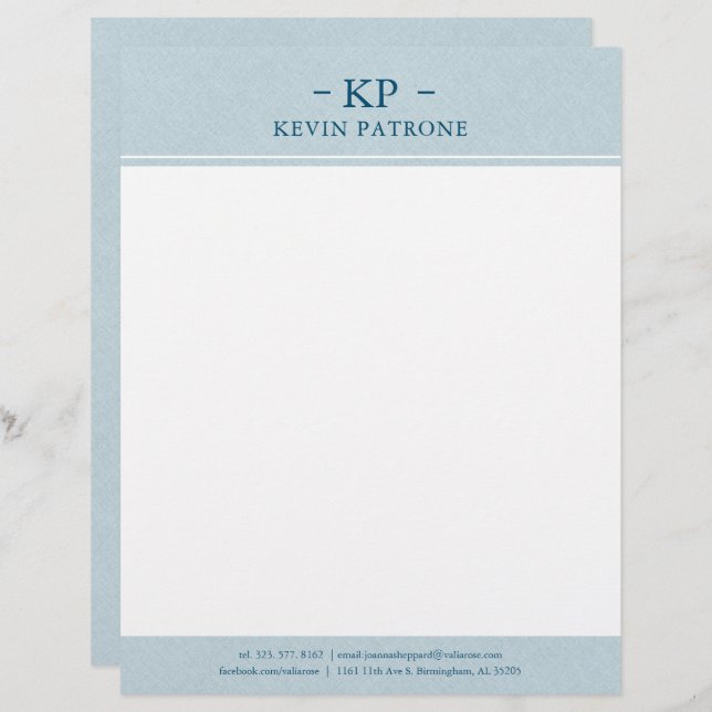 Elegant Pale Blue Linen Minimalistic Text Letterhead (Front/Back)