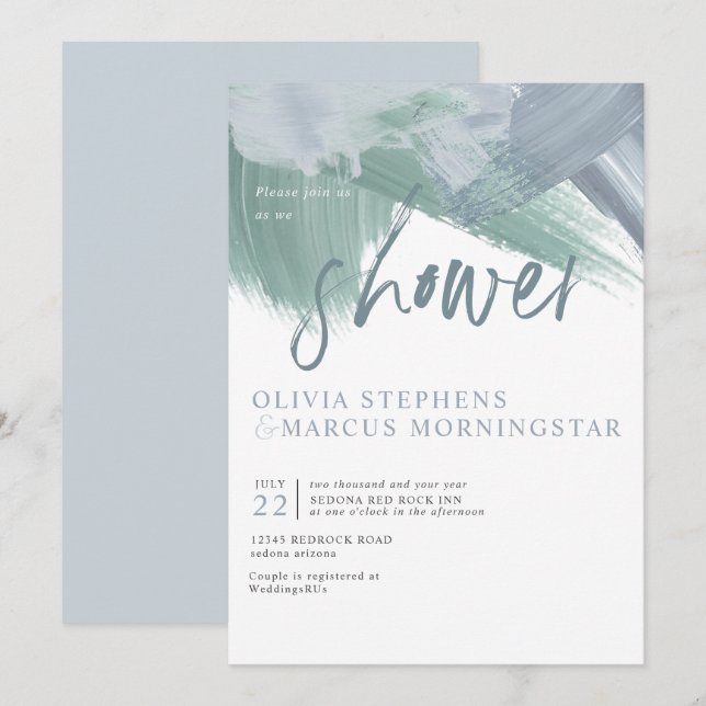Elegant Pale Dusty Blue Abstract  Brushstrokes Invitation (Front/Back)
