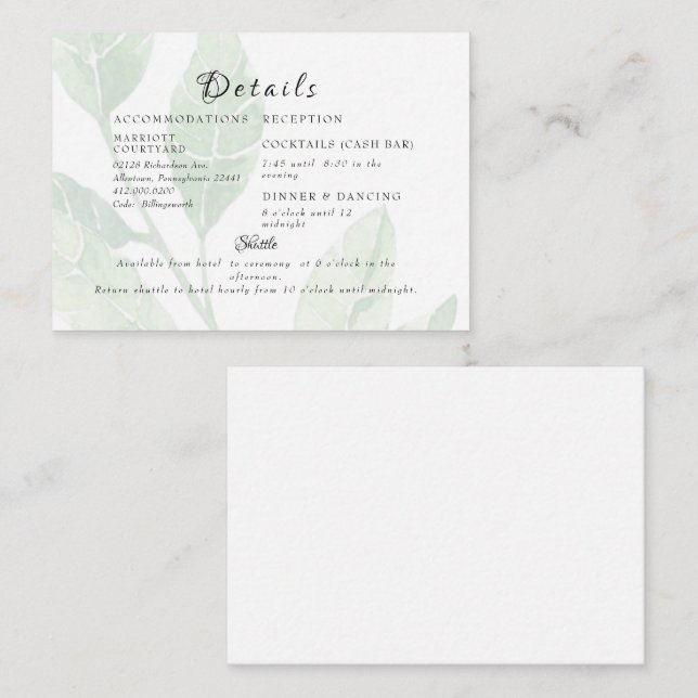 Elegant Pale Foliage Cash Bar & Shuttle  Enclosure Card (Front/Back)