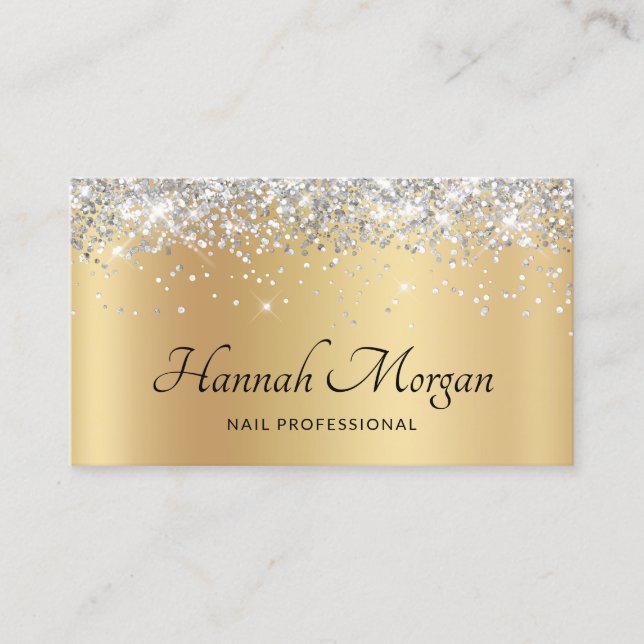 Elegant Pale Gold Satin Ombre Silver Glitter Business Card (Front)