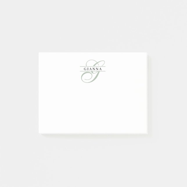 Elegant Pale Green Calligraphy Split Monogram Post-it Notes (Front)