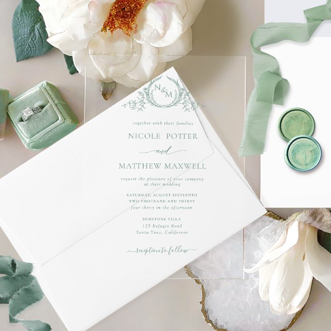 Elegant Pale Green Royal Crown Wreath Monogram Acrylic Invitations (Creator Uploaded)