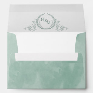 Elegant Pale Green Watercolor Monogram Wedding  Envelope